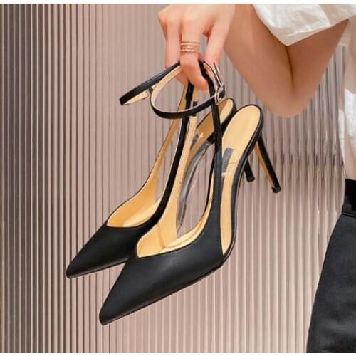 Spring Woman Black Burgundy Pink Red Nude White Slingback Ankle Strappy Shallow Pumps French Style PVC Patchwork Dress Shoes