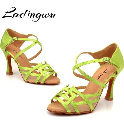 Ladingwu Dance Shoes Women Salsa Shoes Dance Light Green Satin Latin Dance Shoes Geometric patterns Design Soft Bottom