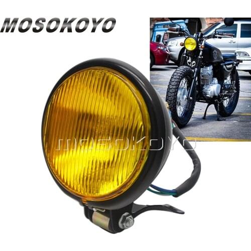 Universal Motorcycle Black 5-1/8" Housing 4-3/8" Yellow Lens Retro Headlight for Harley Old School Cafe Racer Bobber CG125 GN125