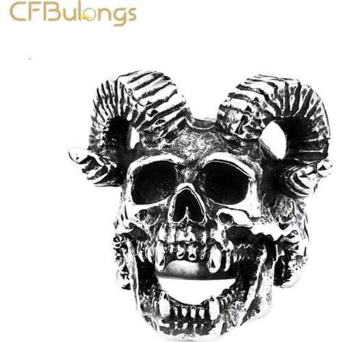 CFBulongs Unique 316L Stainless Steel Animal Goat Head Satan Demon Skull Ring Retro Black Big Sheep Men Fashion Jewelry