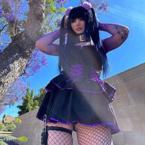 2021 gothic Purple Splicing Skirt Girls punk Y2k mini skirts Color contrast Bandage lolita kawaii plaid skirt harajuku vintage