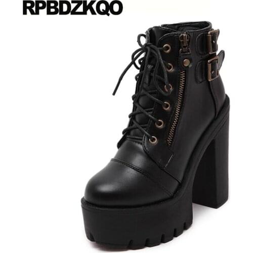 Lace Up Round Toe 14cm Autumn Extreme Black Gothic Platform Boots Punk Fetish Women Ankle Waterproof High Heel Booties Chunky