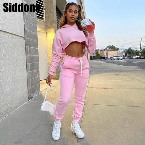 Women Two Piece Sets Long Sleeve Hoodies Crop Top+Pocket Pants Tracksuit Streetwear Club Outfits