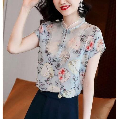 Women Summer Chinese Style Chiffon Blouses Shirts Lady Casual Stand Collar Short Sleeve Flower Printed Blusas Tops ZZ0687
