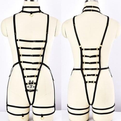 Women Fashion Black Neck Body Harness Belt Goth Sexy Lingerie Bandage Harness Set Adjust Fetish Pole Dance Rave Wear Body Cage