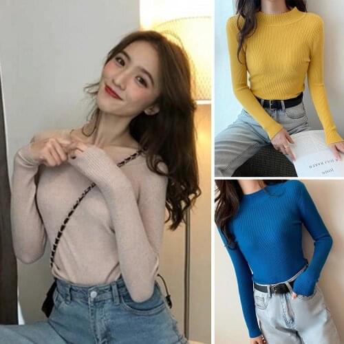 Womens New Autumn Winter Knitwear Long Sleeve Mock Neck Ribbed Slim Sweater Blouse Casual Warm Sleeved Sweater Pullover casaco
