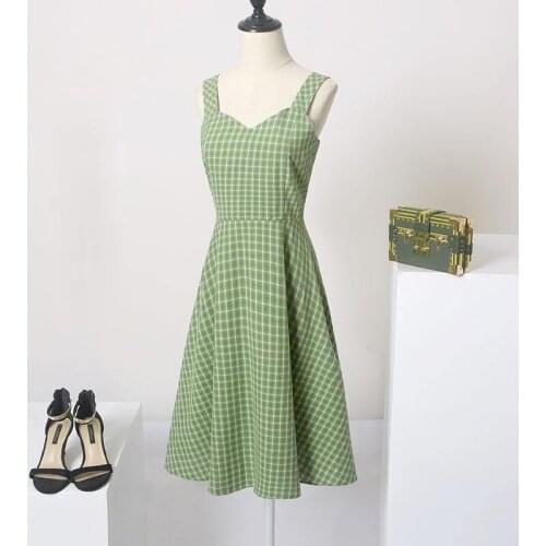 2021 New Summer Plaid Spaghetti Strap Dress Women Vintage V Neck Sundress Female Elegant Sleeveless Tank Dresses Vestidos L150