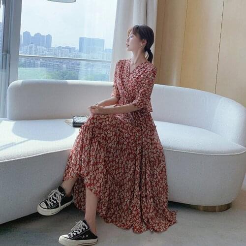 Women 2021 Summer New Fashion V-neck Short Sleeve Dress Female Chiffon A-line Dresses Ladies Loose Thin Printed Vestidos T55