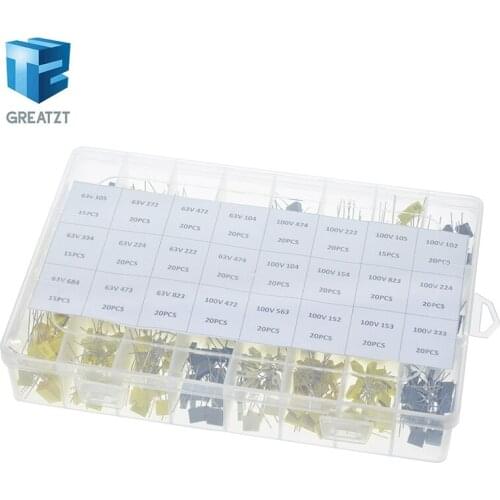 460PCS/BOX 63V 100V 24 Value Correction Capacitor Package Kit Polypropylene Safety Plastic Film 105-823 Set