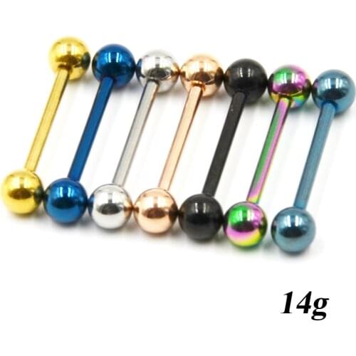 7pieces Stainless Steel Anodized Colorful Tongue Barbell Nipple Ring Assorted Colors Straight Barbell Piercing Body Jewerlry 14g