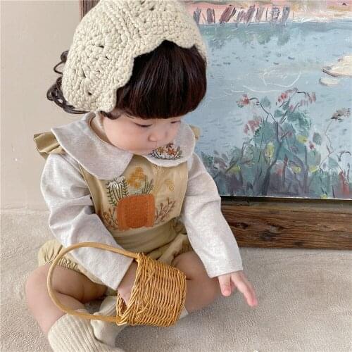 8992 Baby Clohtes Embroidered Fly Sleeve Suspender Pant Or Doll Collar Bottoming Shirt Autumn 2021 Sweet Baby Girl Outfits