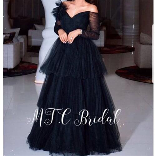 Long Sleeves Black Arabic Evening Dress V Neck Off The Shoulder 2019 Tiered Tulle A Line Long Prom Gowns Vestido De Festa