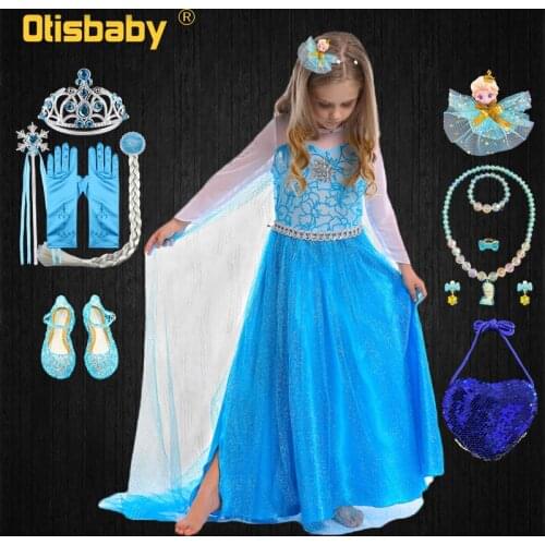 Halloween Full Sleeve Blue Snow Queen Birthday Party Tulle Princess Elsa Long Dress for Girls Elegant Children Christmas Costume