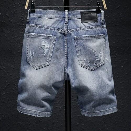 Summer Mens Casual Denim Shorts Knee Length Jeans Fashion Hole Ripped Cowboy Shorts Man High Street Hip Hop Bermuda Short Jeans