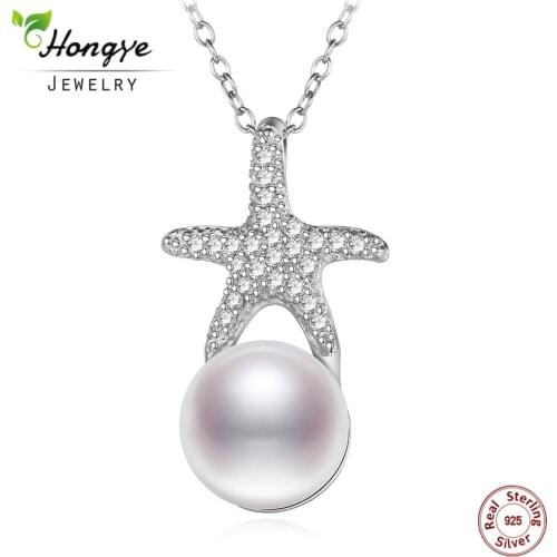 Hongye Women Fashion Ocean Style Starfish Sea Star Natural Pearl Necklaces 925 Sterling-Silver-Jewelry Beach Statement Pendants
