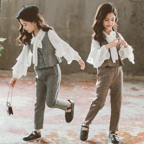 Girls Clothing Set Vest +White Shirt +Pants3 PCS Children Outfits Spring Autumn TeenageChildren Girls Plaid Pattern ClothingSets