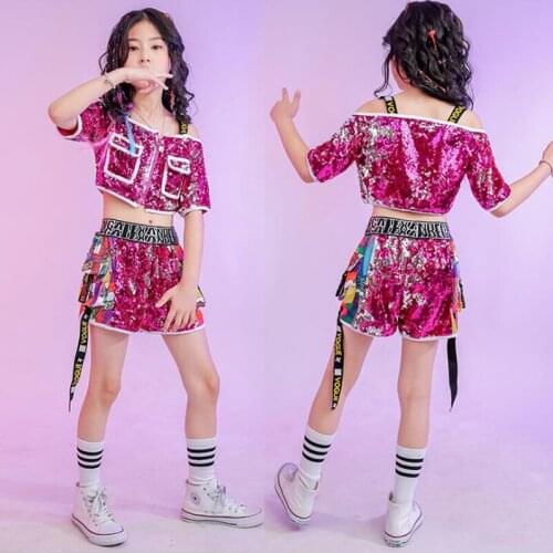 1 set Kids Fashion Sequins Hip Hop Outfits Cheerleader Clothing Street wear Pants Girls Jazz Dance Costumes Set Clothes suit