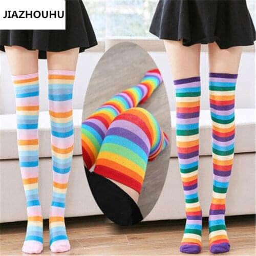 Kawaii Sexy Rainbow Socks legs Womens Stockings Colorful Striped Long Thigh High Socsk Women Girls medias Over the Knee Socks