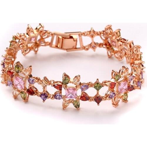 FYM fashion Rose Gold Color flower shape women Bracelet AAA Zircon Crystal Bracelet Femme Bracelets for Women Wedding Party