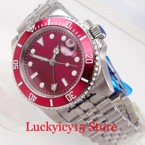 BLIGER Nologo Red Dress Selfwinding Men Watch GMT Hand Alloy Insert Unidirectional Bezel ring Jubilee Bracelet Sapphire Crystal
