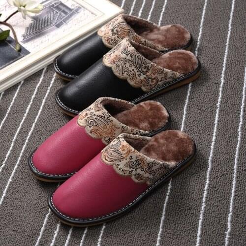 Men and Women Leather Slippers Autumn and Winter Home Couple Soft Bottom Indoor Cotton Slippers Non-slip Slippers House Shoes