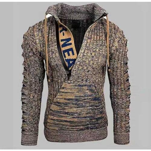 Autumn Winter Oversized Sweater Men Casual Loose Vintage Print Knitted Sweater Long Sleeve Pullover Hooded Sweaters Knitwear Men