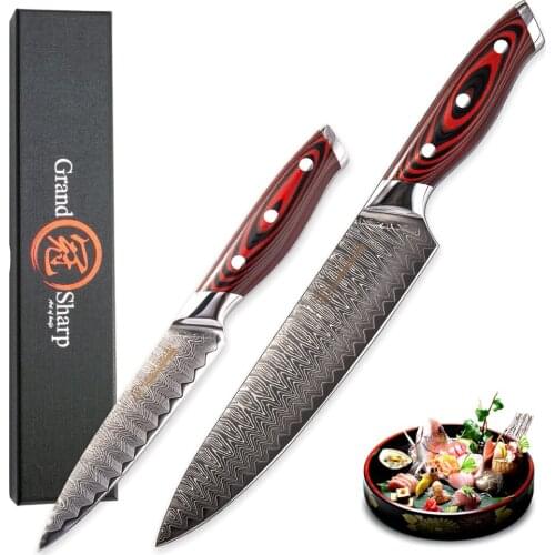 2-Piece Chef Knife Set Japanese Kitchen Knives Professional Cooking Tools VG10 Japanese Damascus Steel Utility Slicing Knife NEW
