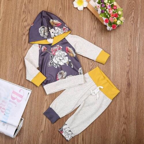 2020 New Hot Kid Hooded Sweater + Trousers Flower Pattern Printing Elastic Wide Waist Stitching Design Spring Autumn Clothing