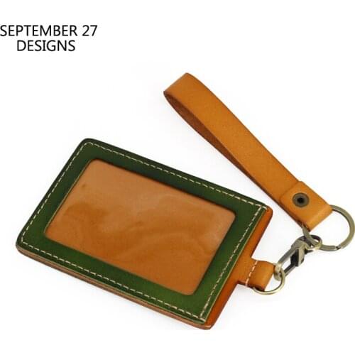 New Fashion Office ID Badge Holder Genuine Leather Luxury High Quality Retro Bus Identity Tag Vertical Style With Keychain