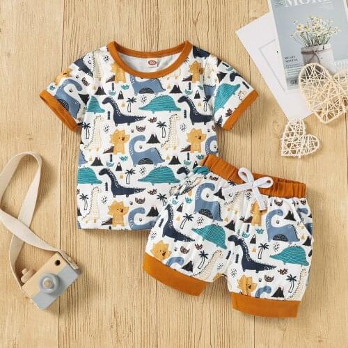 Toddler Baby 2Pcs Clothes Set Casual Cotton Short Sleeve Dinosaur Print T-Shirt + Elastic Waist Shorts Infant Kids Outwear Set