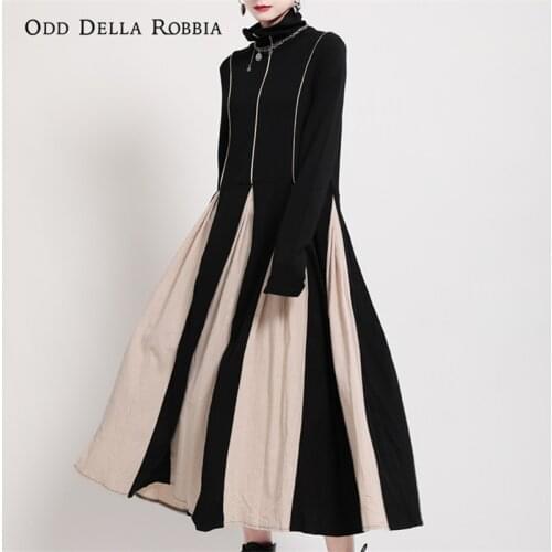 OddDellaRobbia Autumn Winter French Vintage High Neck Stitching Long-Sleeved Dress Cotton Linen Knitted Long Skirt Women 1903