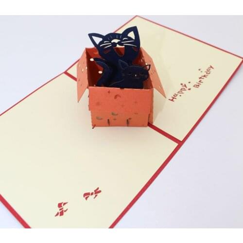 Handmade 3D Pop Up Cat Hidden In Box Greeting Card With Envelope Invitation Birthday Christmas Wedding Party Decoration