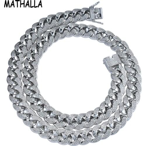 MATHALLA Hip Hop 18mm Mens Cuban Chain Necklace Ice Out Micro-inlaid Zircon Necklace Water Wave Chain Fashion Hip Hop Jewelry