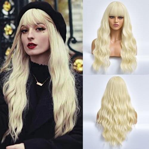 Long Wave Blonde Daily Hair Colored Synthetic Wigs With Bangs For White Women Heat Resistant Female Natural Cosplay Fiber Wig