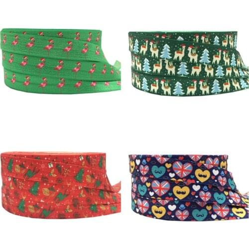 Christmas Deer Flamingo Tree llama Heart Moustache Print Fold Over Elastic FOE Ribbon Diy Gift Decoration Accessory 16mm 10Yard