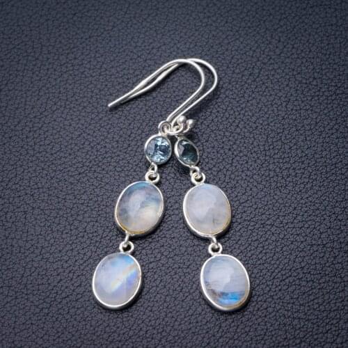 StarGems Natural Rainbow Moonstone And Blue Topaz Handmade 925 Sterling Silver Earrings 2.25" D7249