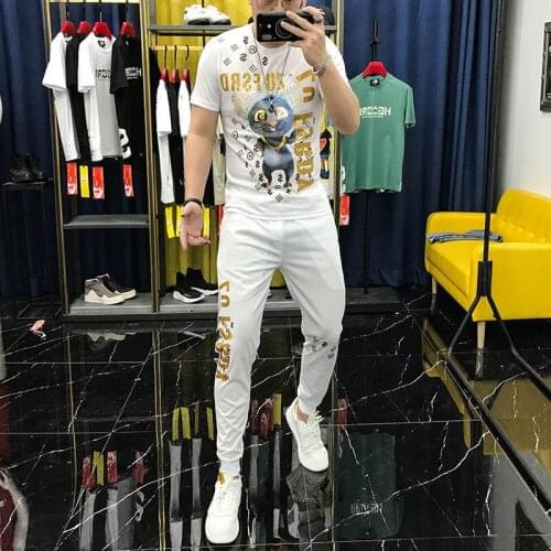 Tracksuit 2021 summer new hot diamond ice silk mens casual suit Korean style trendy handsome sports clothes