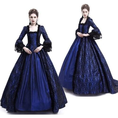 Medieval Retro Gothiced Court Dress Square Neck Flare Sleeve Lace Patchwork Maxi Dress Queen Ball Gown Halloween Costumes