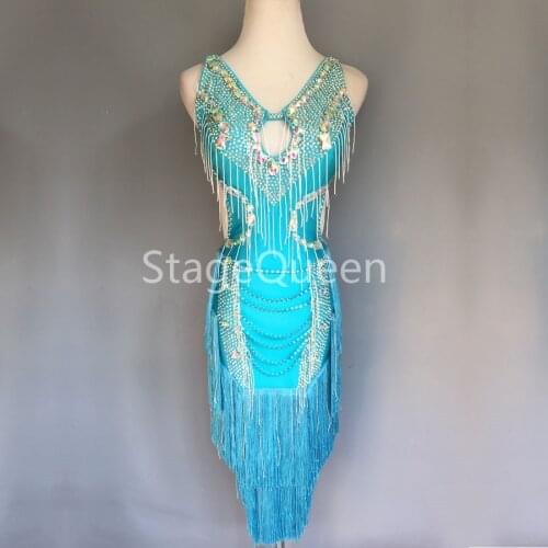 Rhinestones Latin Dance Dress Women Blue Latin Competition Costume Fringe Rumba Samba Salsa Perform Latin Dancewear Customizable