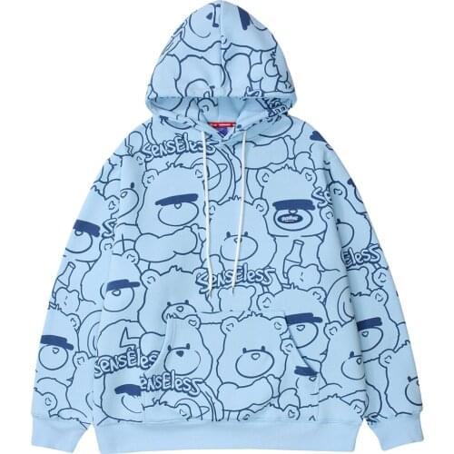 Hoodie Men Cute Cartoon Bear Full Print Fleece Pullover College Style Japanese Hipster Soft Cozy Tops Couple Streetwear