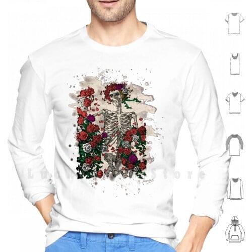 Skeleton & ; Roses - Bleached Look hoodies long sleeve Skeleton Roses Flower Death Dead Scull Edmund Sullivan Woodcut