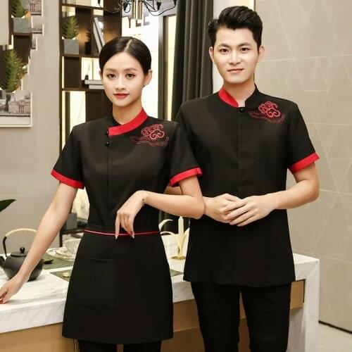 Hotel Waiter Uniform Men and Women Short Sleeve Work Uniforms Hotel Restaurant Kitchen Chef Clothing Chinese Style Work Overall