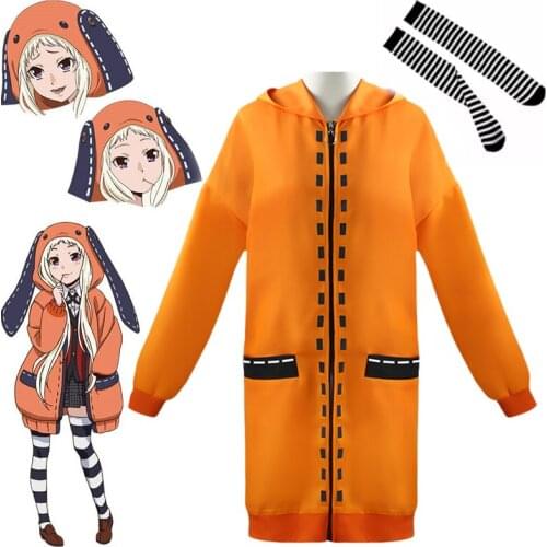 Yomoduki Runa Cosplay Costume Wig Anime Kakegurui Compulsive Gambler Women Girls Orange Zip Hoodies & Sweatshirts Coat C80A70
