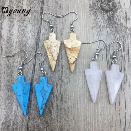 Boho Jewelry Dangle Drop Arrowhead Earrings for women, Gem Stone Ear Pendant Blue howlite fossil Rose Crystal Earings MY1421
