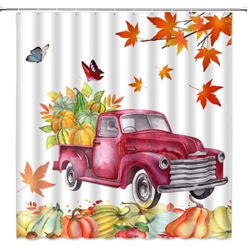 Thanksgiving Shower Curtains Farm Truck Pumpkin Butterfly Autumn Scenery Maple Leaf Bathroom Decor Polyester Cloth Curtain Set