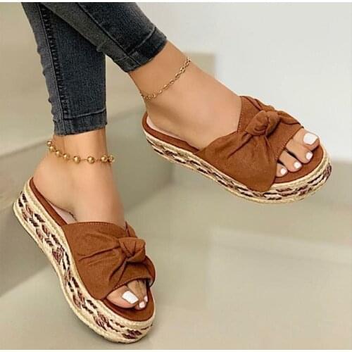 Women Slippers Summer 2021 Fashion Hemp Rope Bow Soft Sandals Plus Size Platform Slippers Women Casual Wedges Flat Slippers