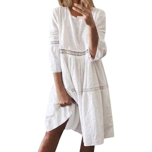 Women Bohemia Solid O-Neck Dress Hollow Splice 3/4 Sleeve Mid-Long Dresses Summer Holiday Beach Loose Sundress Ropa Mujer