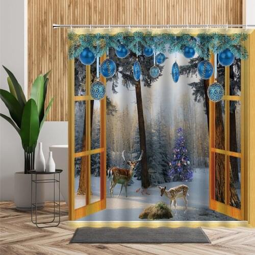 3D Christmas Elk Wooden Window Scenery Shower Curtains Snowflake Snowman Rope Ball New Year Holiday Decor Bathroom Bath Curtain