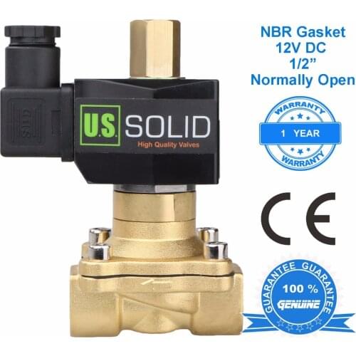 U.S. Solid 1/2" Solenoid Valve Brass Electric 12V DC Normally Open water, air, oil, CE Certified