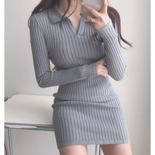 One-Piece Korean Simple Polo Collar Slim Short Dress Female 2021 Spring/Autumn New Niche Chic Bag Hip Pit Strip Knitted Dresses